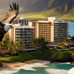 An eagle soaring above a coastal resort with mountains in the background.